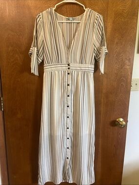 Striped V-Neck Button-Front Maxi Dress in white and navy.